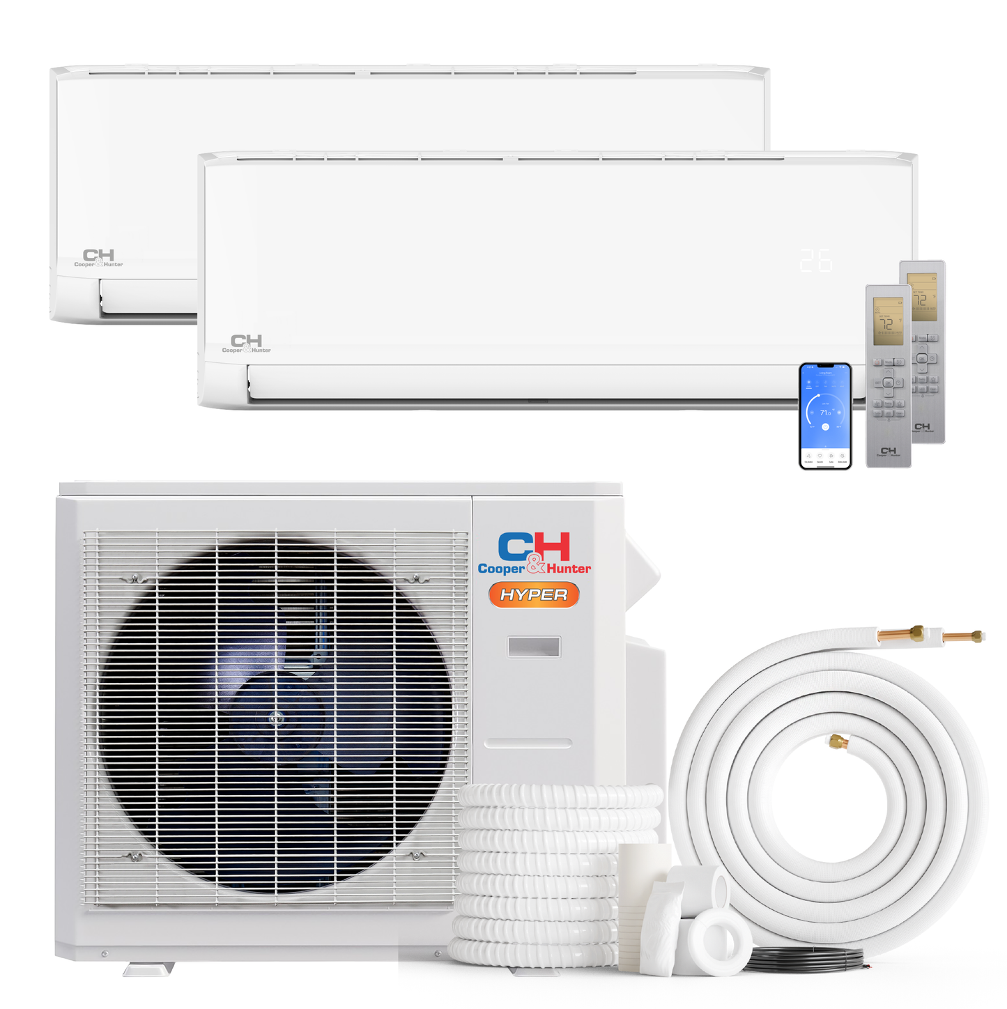 Cooper&Hunter Hyper Olivia 2-Zone Ductless Mini Split AC & Heat Pump 19000 BTU (6K+24K), Wall Mount Units, 230V