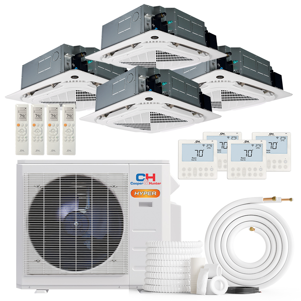 Cooper&Hunter Hyper 4-Zone Ductless Mini Split AC & Heat Pump 28000 BTU (9K+9K+9K+9K), Ceiling Cassettes Units, 230V