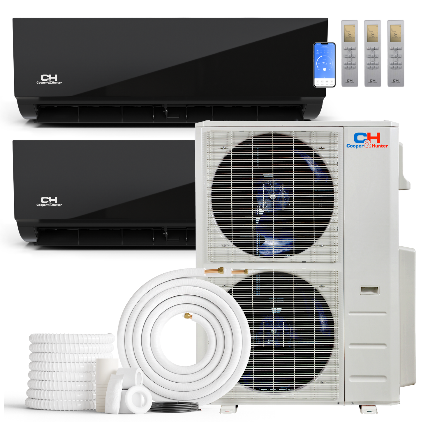 Cooper&Hunter Olivia Midnight 2-Zone Ductless Mini Split AC & Heat Pump 48000 BTU (9K+18K), Wall Mount Units, 230V