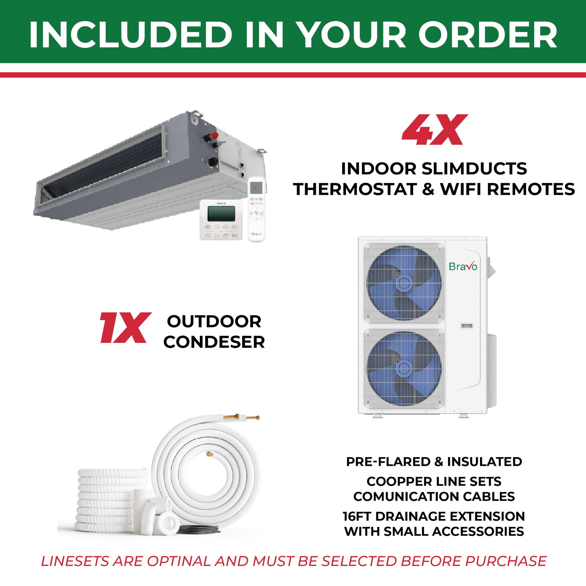 Bravo 4-Zone Ducted Mini Split AC & Heat Pump 42000 BTU (9K+9K+18K+18K), Slim Duct Units, 230V