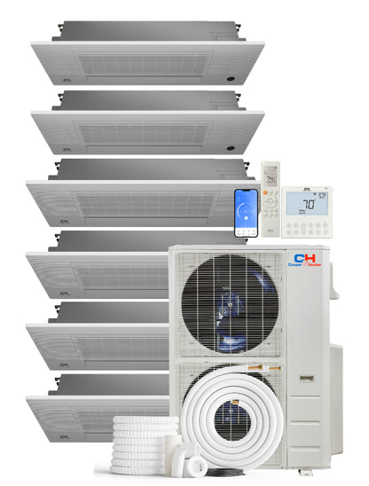 Cooper&Hunter 6-Zone Ductless Mini Split AC & Heat Pump 48000 BTU (6K+6K+9K+9K+9K+12K), One-Way Ceiling Cassettes Units, 230V