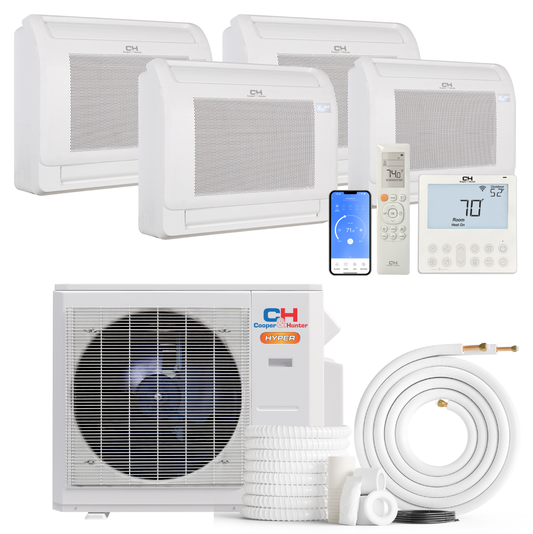 Cooper&Hunter Hyper 4-Zone Ductless Mini Split AC & Heat Pump 28000 BTU (9K+9K+12K+18K), Floor Console Units, 230V
