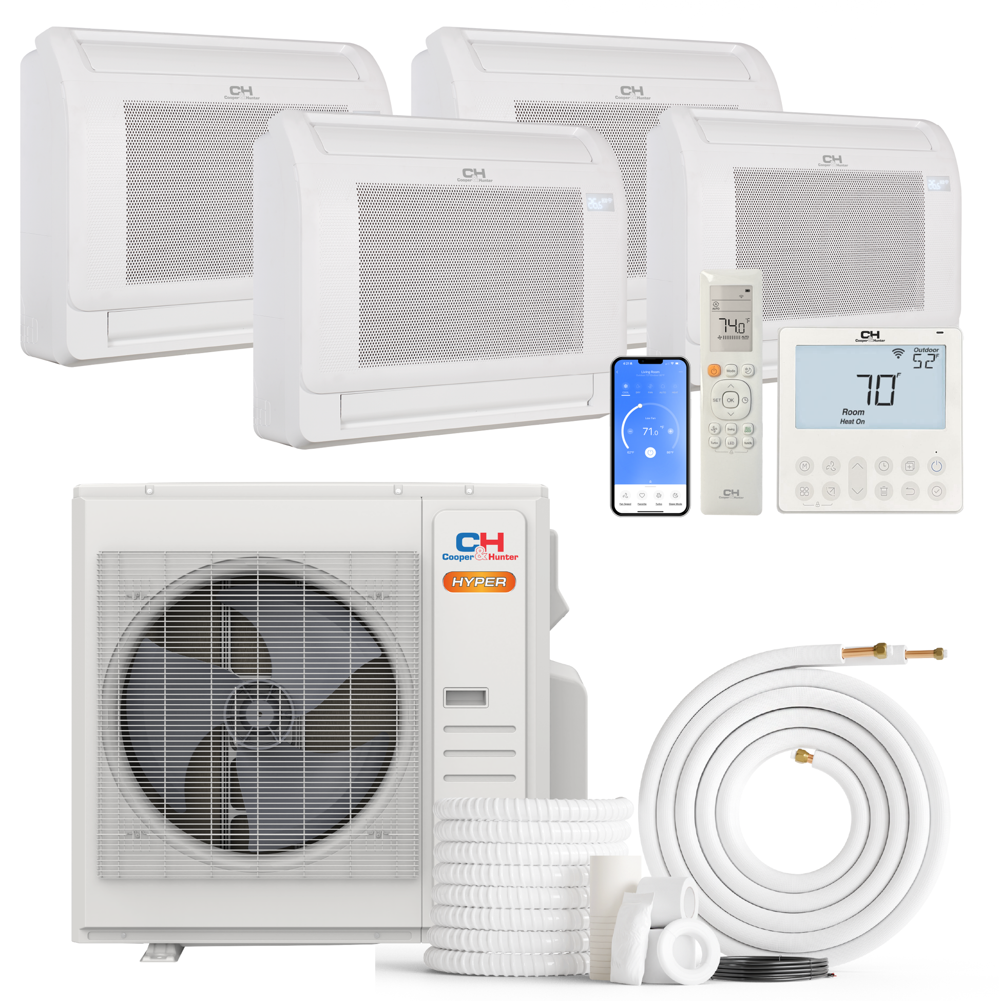 Cooper&Hunter Hyper 4-Zone Ductless Mini Split AC & Heat Pump 36000 BTU (9K+9K+18K+18K), Floor Console Units, 230V