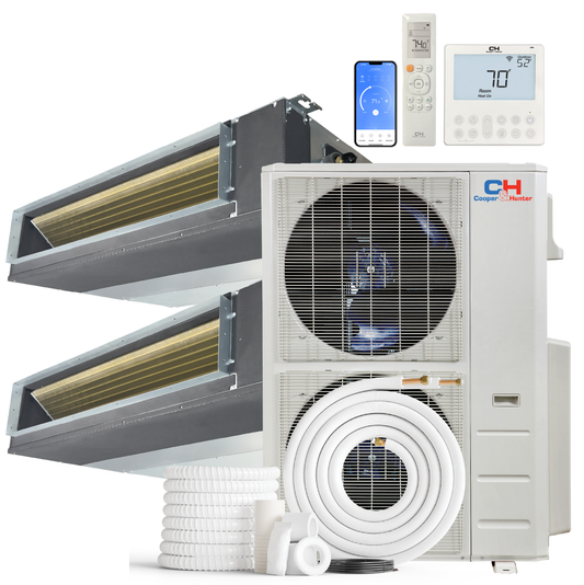 Cooper&Hunter 2-Zone Ducted Mini Split AC & Heat Pump 48000 BTU (18K+18K), Slim Duct Units, 230V