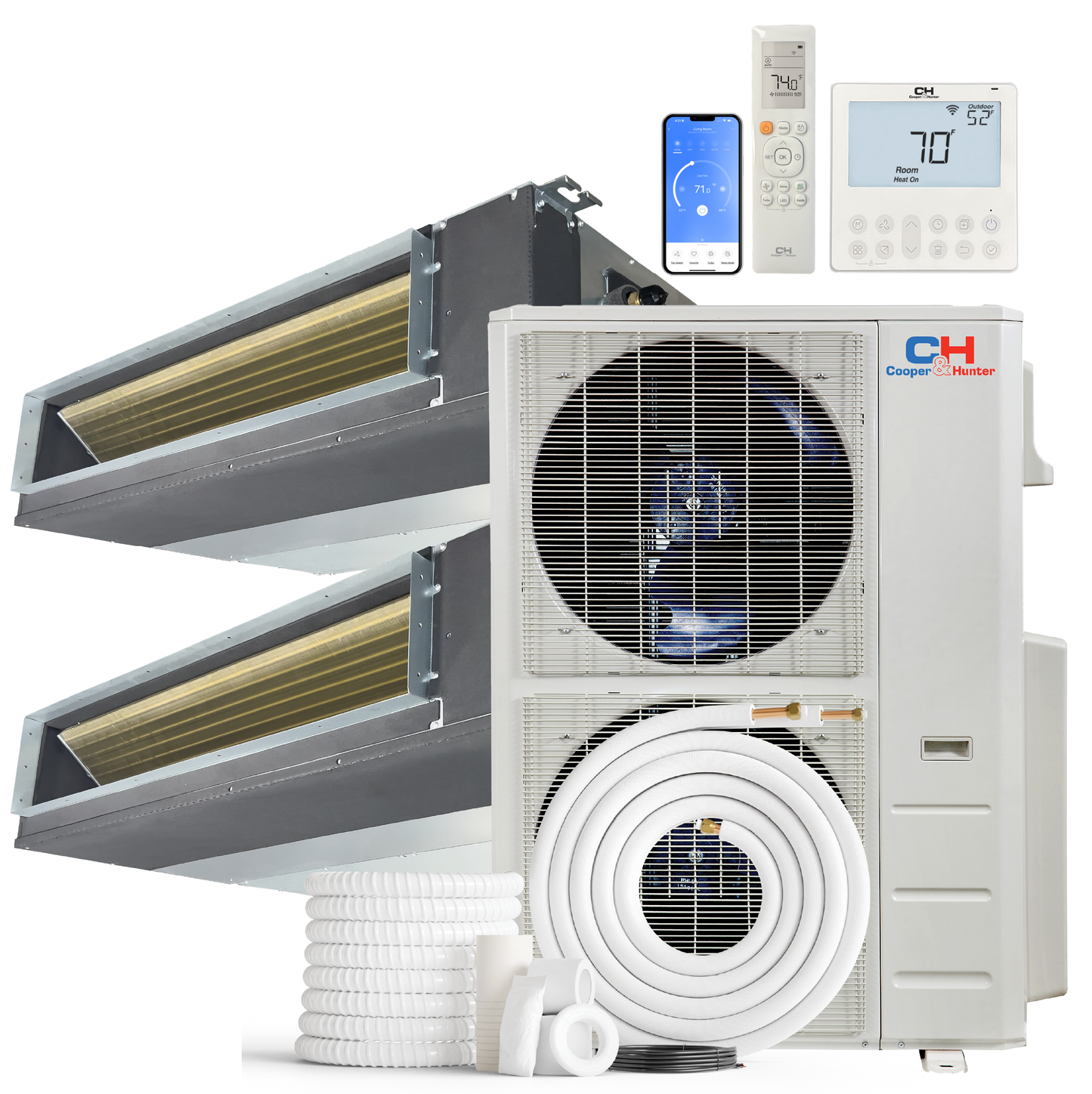 Cooper&Hunter 2-Zone Ducted Mini Split AC & Heat Pump 48000 BTU (18K+24K), Slim Duct Units, 230V