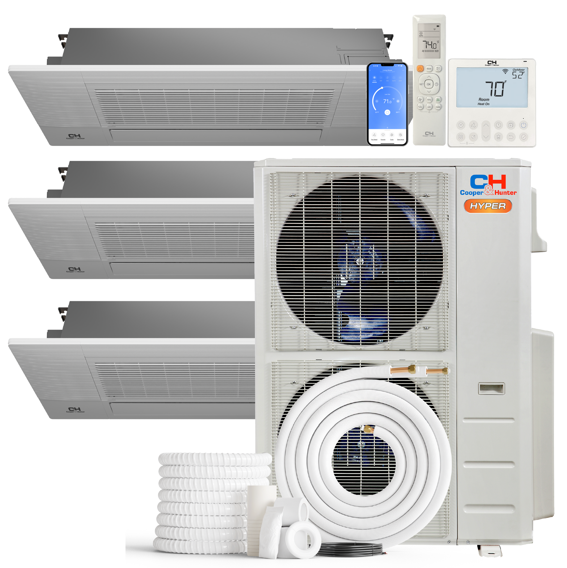 Cooper&Hunter Hyper 3-Zone Ductless Mini Split AC & Heat Pump 48000 BTU (12K+12K+12K), One-Way Ceiling Cassettes Units, 230V