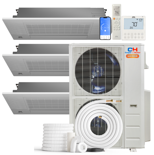 Cooper&Hunter Hyper 3-Zone Ductless Mini Split AC & Heat Pump 55000 BTU (9K+9K+18K), One-Way Ceiling Cassettes Units, 230V