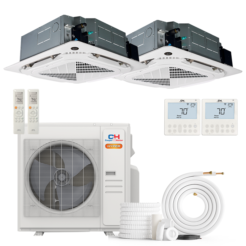 Cooper&Hunter Hyper 2-Zone Ductless Mini Split AC & Heat Pump 36000 BTU (24K+24K), Ceiling Cassettes Units, 230V