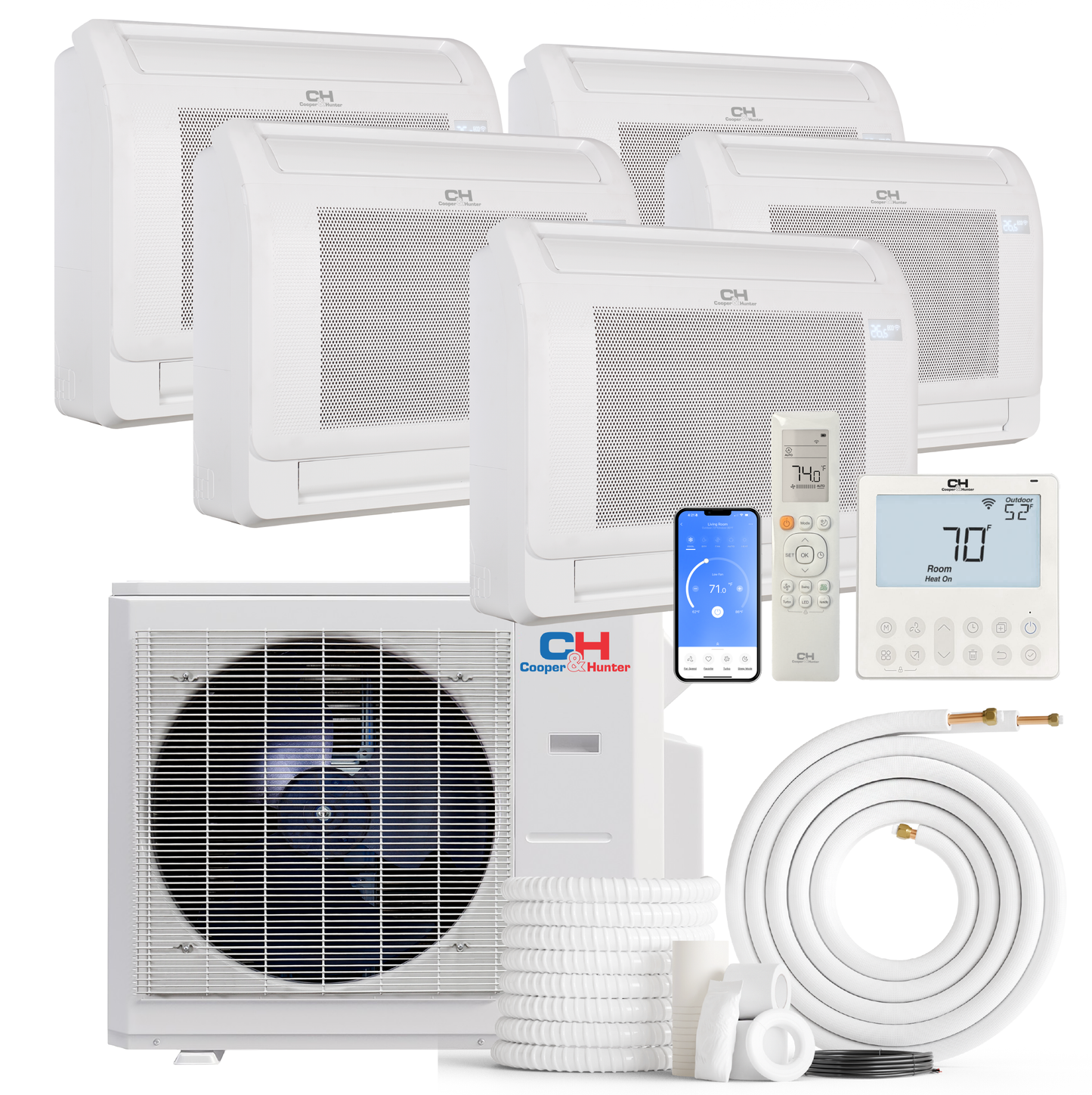 Cooper&Hunter 5-Zone Ductless Mini Split AC & Heat Pump 36000 BTU (9K+9K+9K+9K+9K), Floor Console Units, 230V