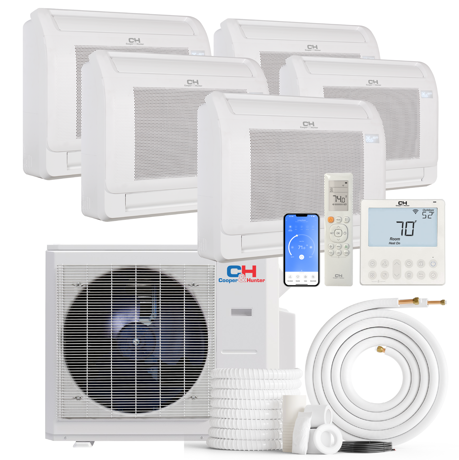 Cooper&Hunter 5-Zone Ductless Mini Split AC & Heat Pump 36000 BTU (9K+9K+9K+9K+12K), Floor Console Units, 230V