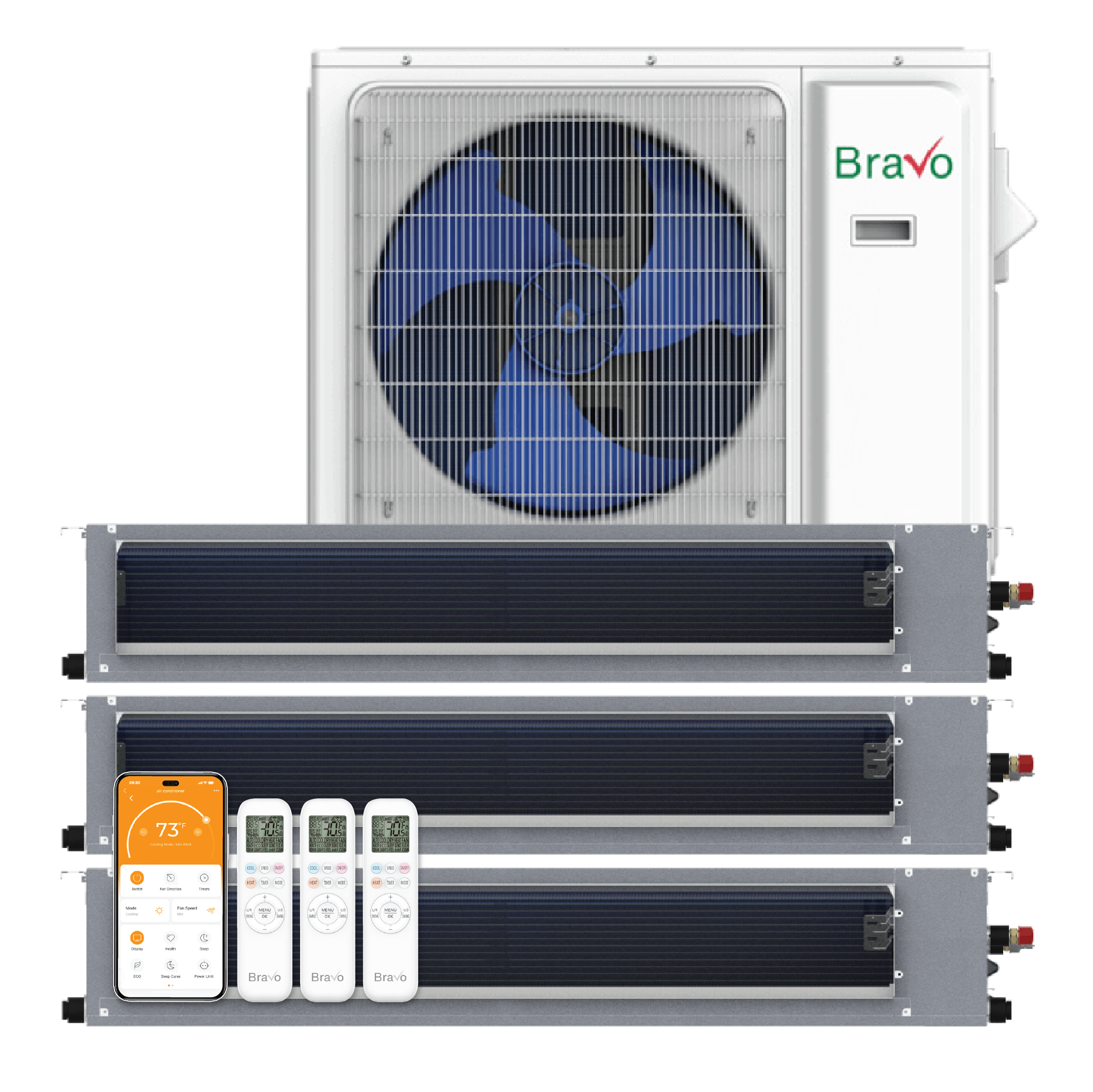 Bravo 3-Zone Ducted Mini Split AC & Heat Pump 36000 BTU (9K+12K+18K), Slim Duct Units, 230V