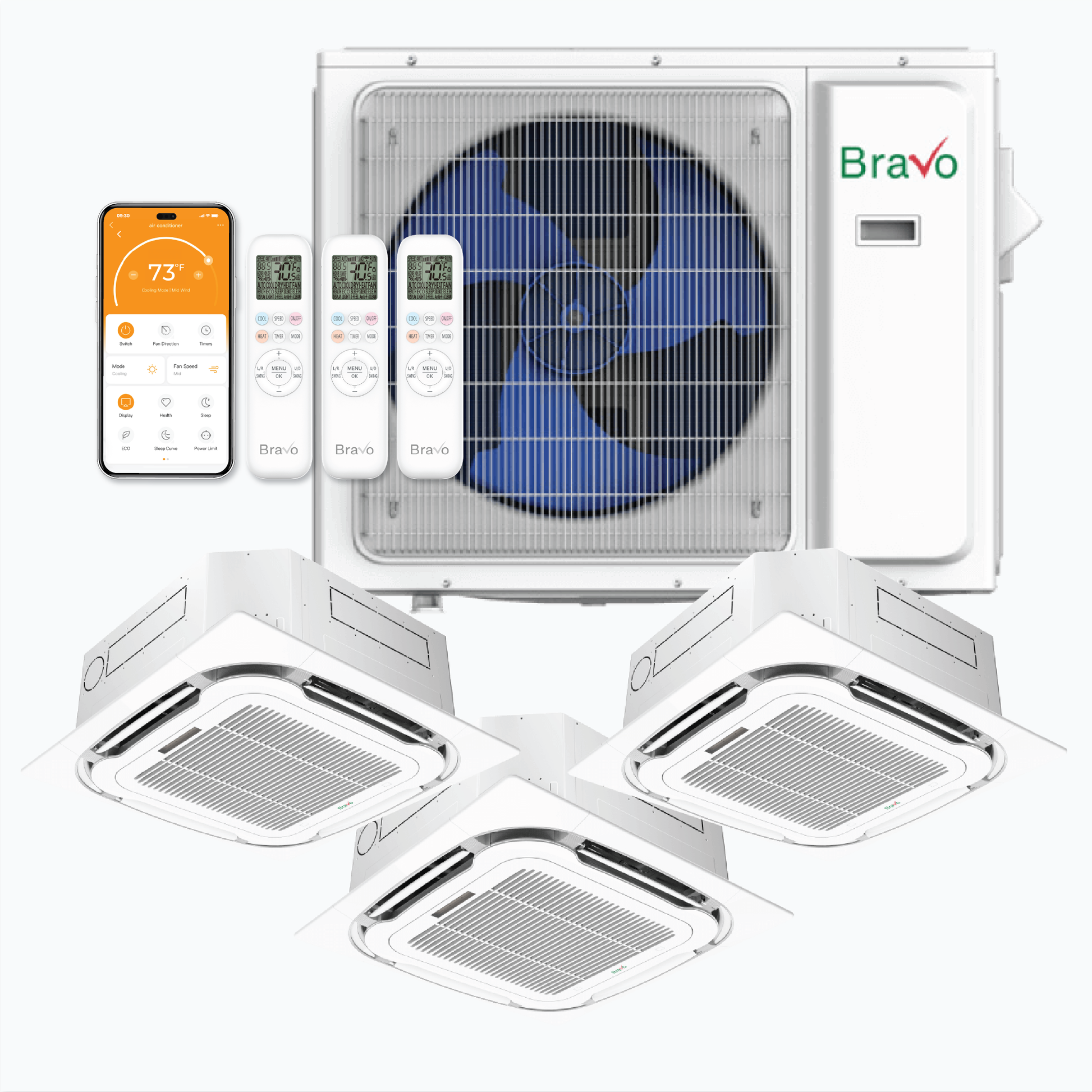 Bravo 3-Zone Ductless Mini Split AC & Heat Pump 36000 BTU (9K+12K+12K), Ceiling Cassettes Units, 230V