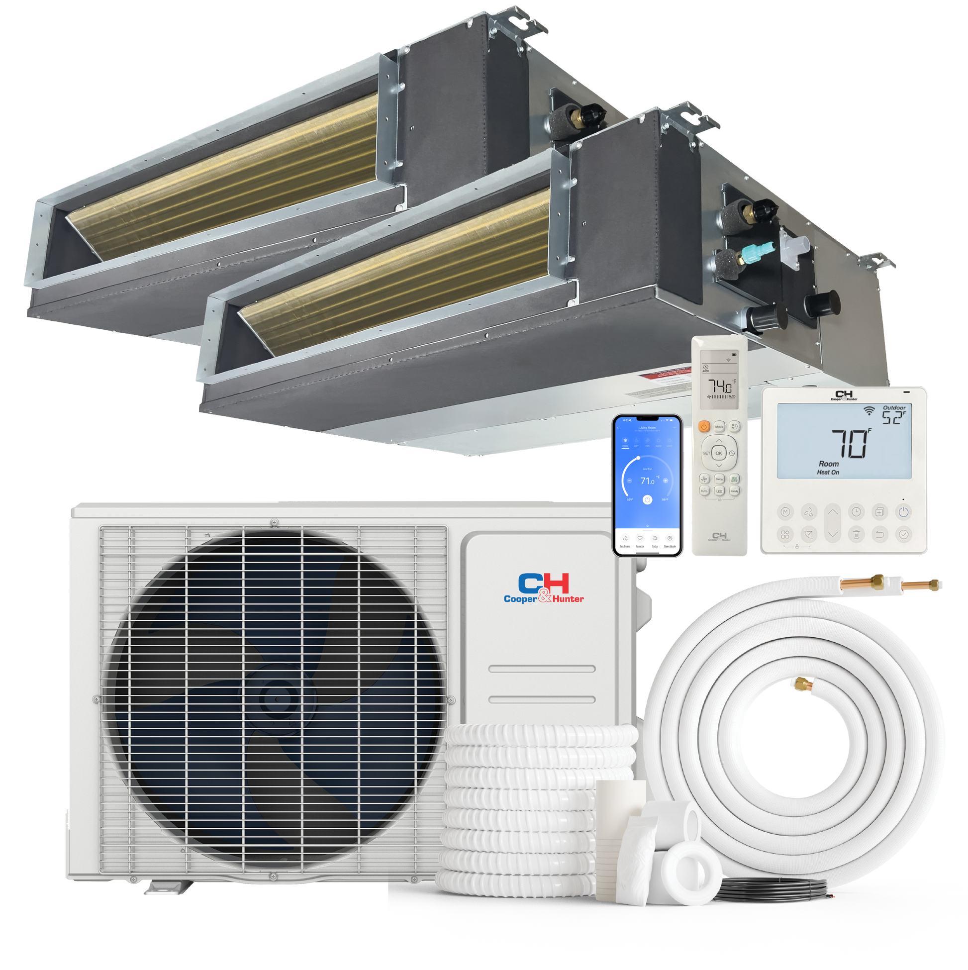 Cooper&Hunter 2-Zone Ducted Mini Split AC & Heat Pump 28000 BTU (6K+12K), Slim Duct Units, 230V