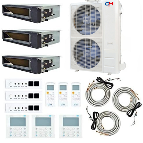 Cooper&Hunter 3-Zone Ducted Mini Split AC & Heat Pump 48000 BTU (9K+9K+9K), Slim Duct Units, 230V - R410A