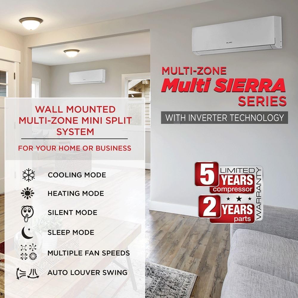 Olmo Sierra 3-Zone Ductless Mini Split AC & Heat Pump 36000 BTU (9K+12K+18K), Wall Mount Units, 230V - R410A
