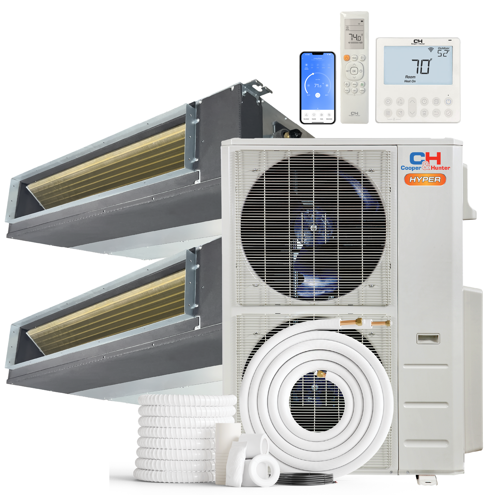 Cooper&Hunter Hyper 2-Zone Ducted Mini Split AC & Heat Pump 48000 BTU (12K+18K), Slim Duct Units, 230V