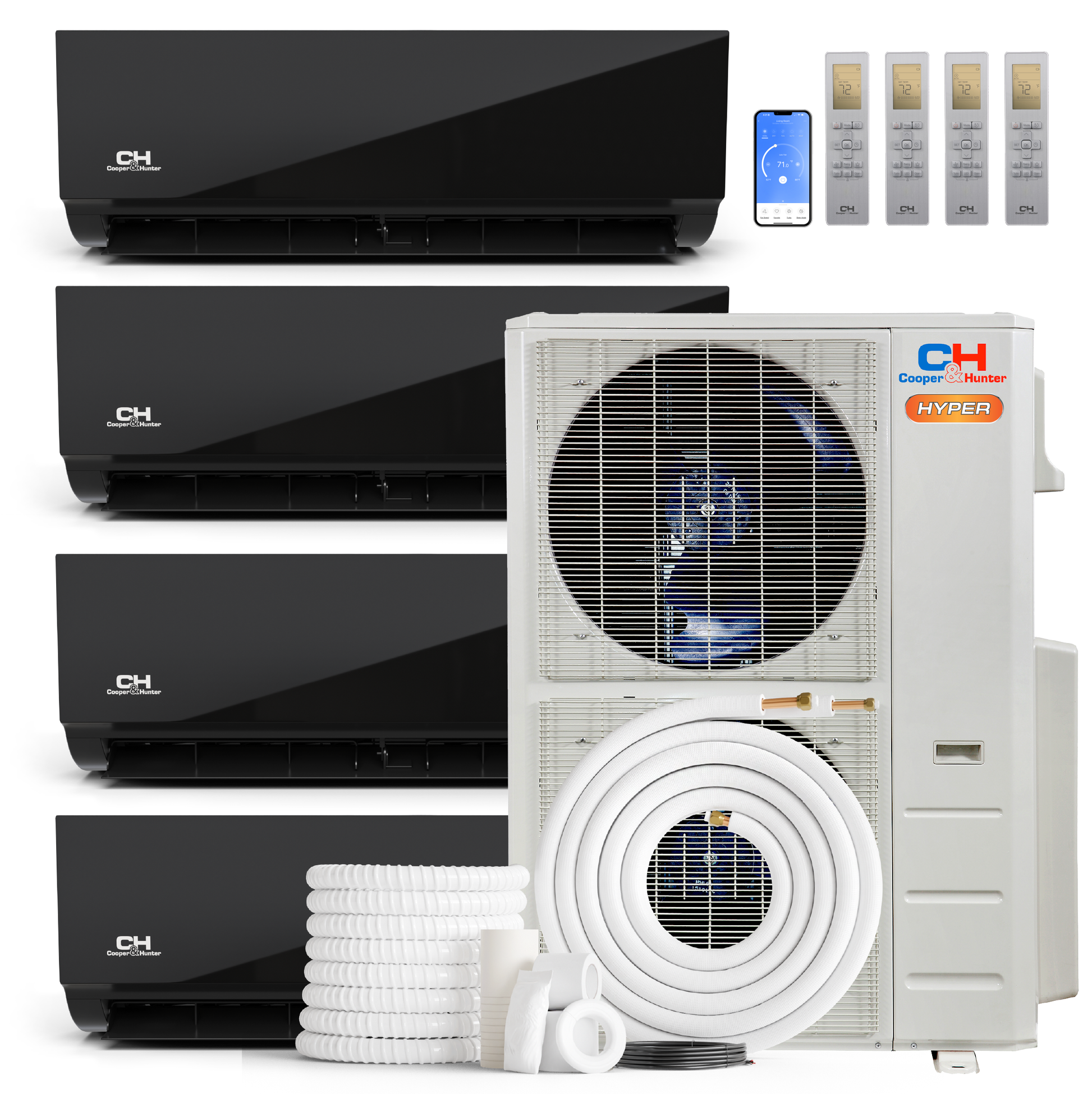 Cooper&Hunter Hyper Olivia Midnight 4-Zone Ductless Mini Split AC & Heat Pump 48000 BTU (12K+12K+12K+12K), Wall Mount Units, 230V