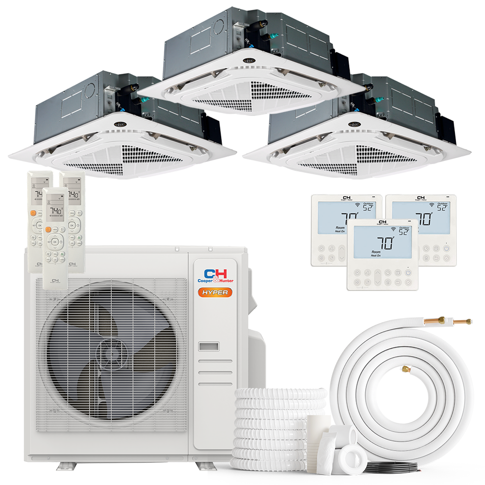 Cooper&Hunter Hyper 3-Zone Ductless Mini Split AC & Heat Pump 36000 BTU (9K+18K+24K), Ceiling Cassettes Units, 230V