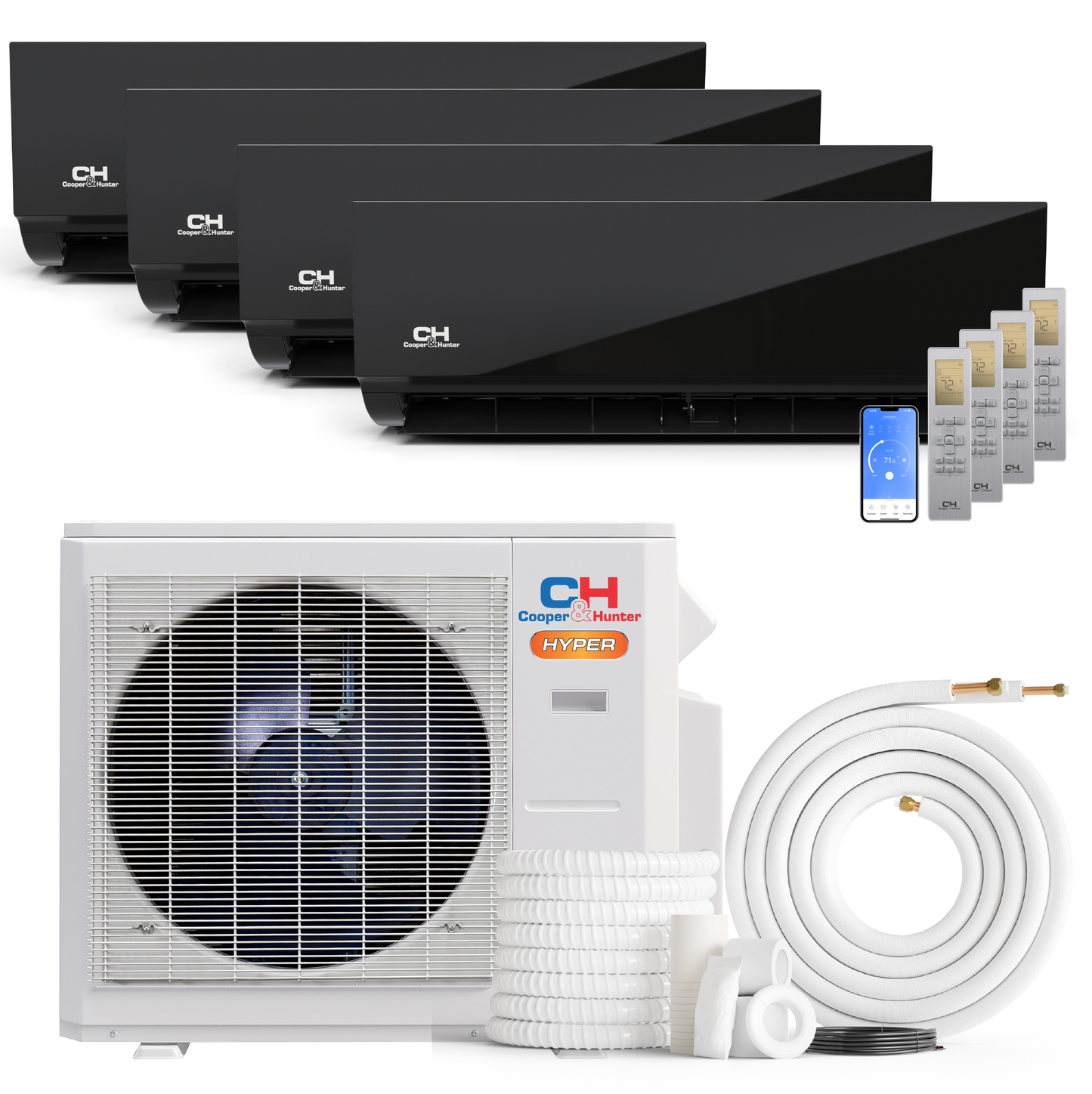 Cooper&Hunter Hyper Olivia Midnight 4-Zone Ductless Mini Split AC & Heat Pump 28000 BTU (9K+9K+9K+12K), Wall Mount Units, 230V