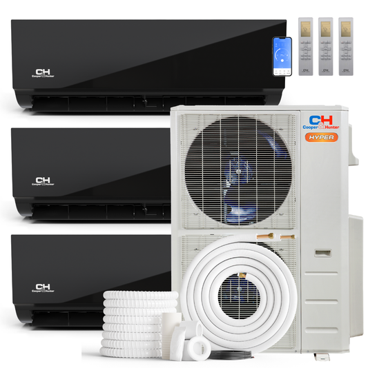 Cooper&Hunter Hyper Olivia Midnight 3-Zone Ductless Mini Split AC & Heat Pump 55000 BTU (9K+9K+24K), Wall Mount Units, 230V