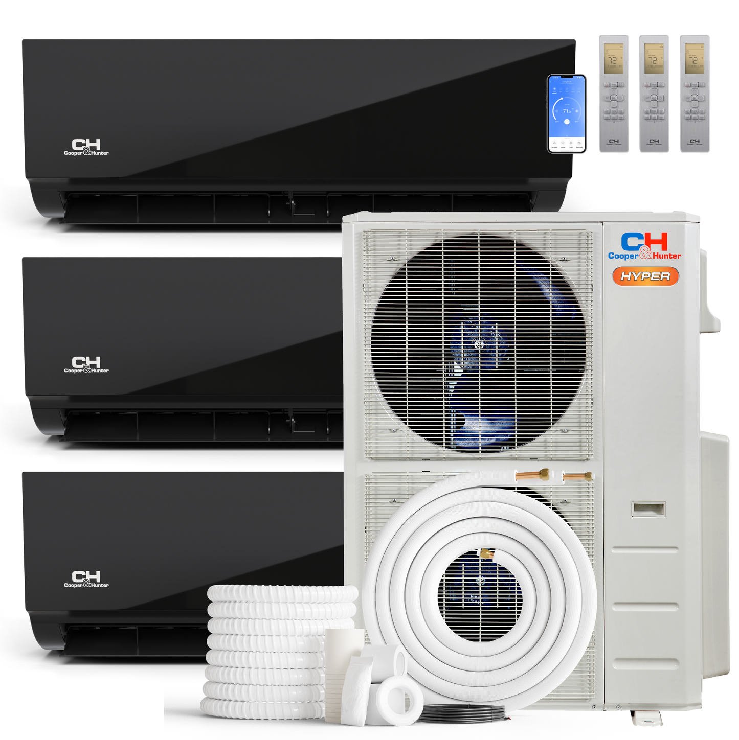 Cooper&Hunter Hyper Olivia Midnight 3-Zone Ductless Mini Split AC & Heat Pump 48000 BTU (9K+9K+24K), Wall Mount Units, 230V
