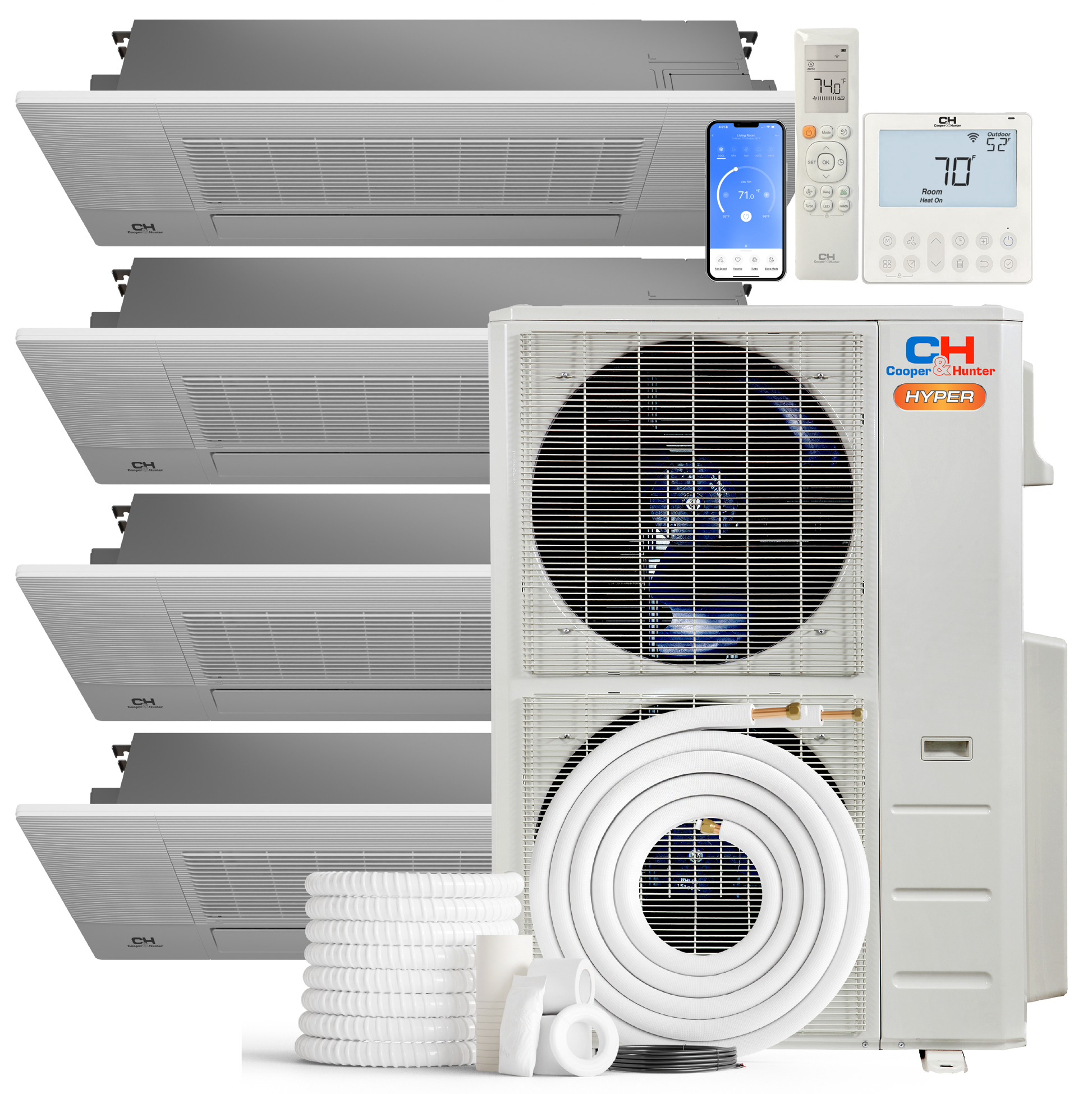 Cooper&Hunter Hyper 4-Zone Ductless Mini Split AC & Heat Pump 55000 BTU (12K+12K+12K+12K), One-Way Ceiling Cassettes Units, 230V