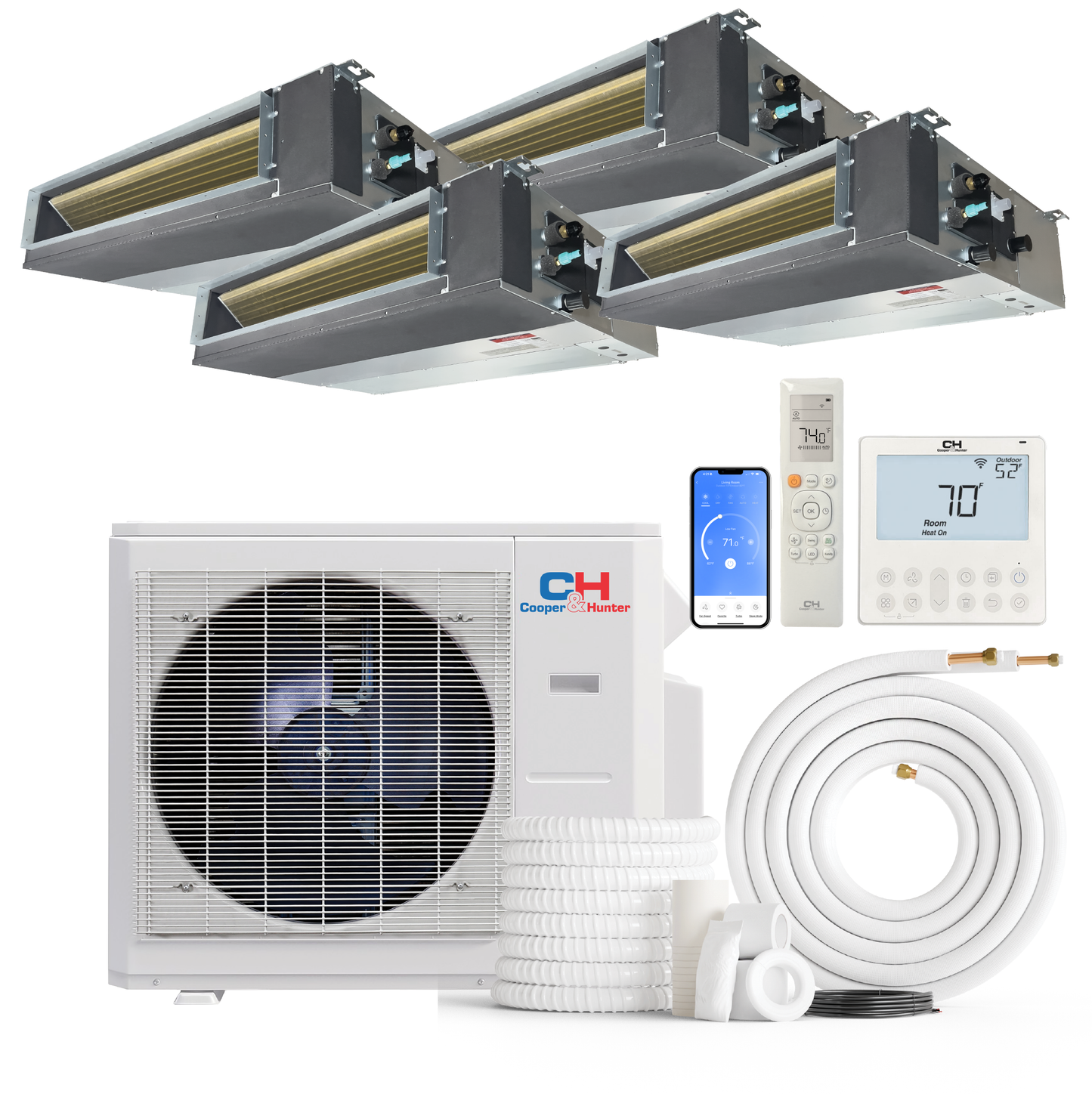 Cooper&Hunter 4-Zone Ducted Mini Split AC & Heat Pump 28000 BTU (6K+6K+9K+9K), Slim Duct Units, 230V