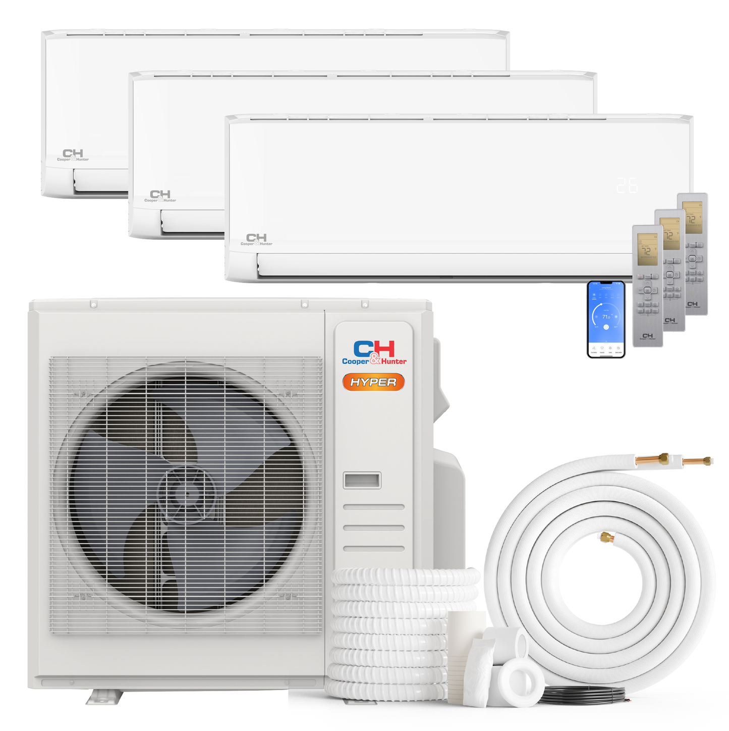 Cooper&Hunter Hyper Olivia 3-Zone Ductless Mini Split AC & Heat Pump 36000 BTU (9K+12K+24K), Wall Mount Units, 230V