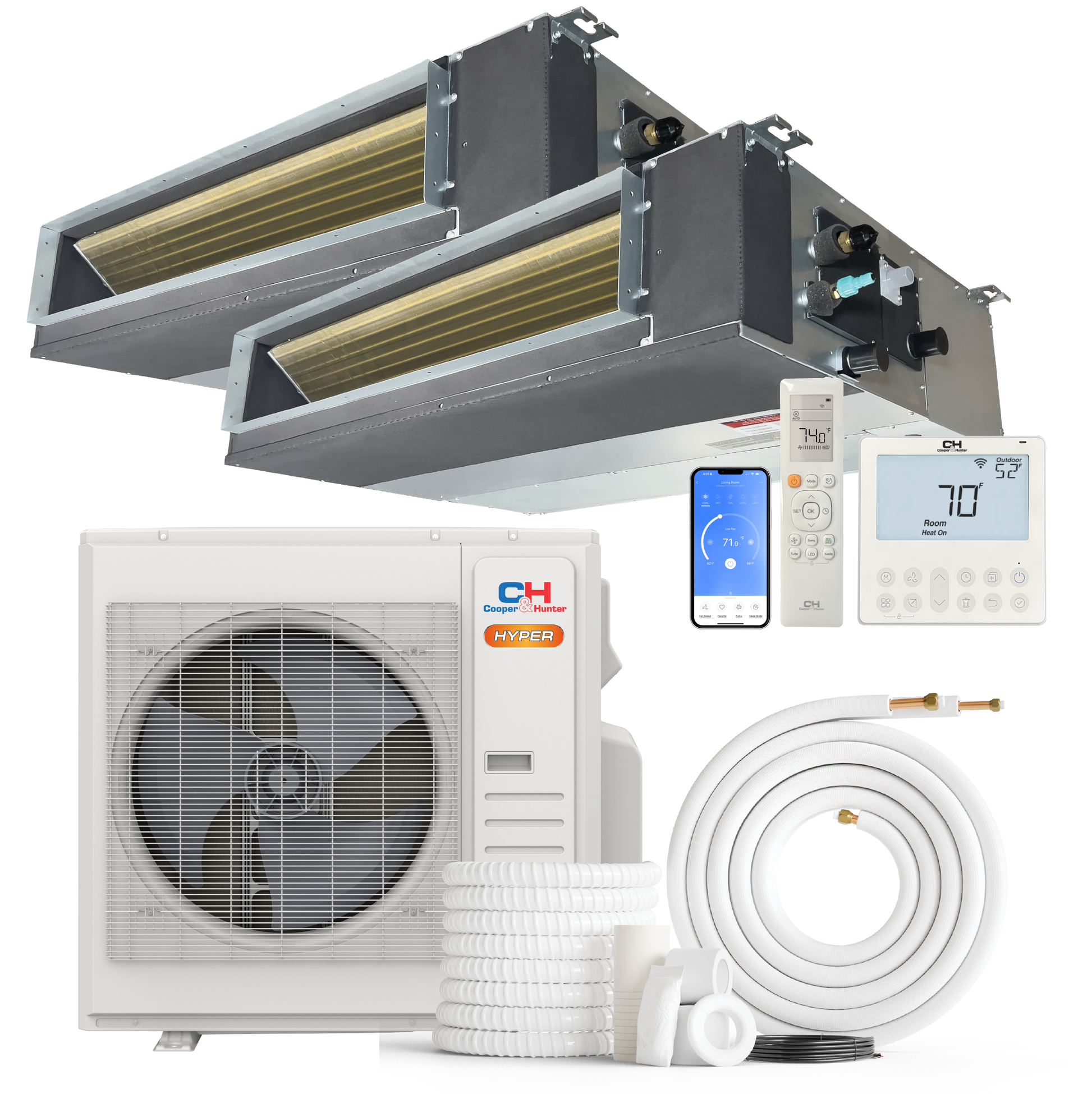 Cooper&Hunter Hyper 2-Zone Ducted Mini Split AC & Heat Pump 36000 BTU (9K+24K), Slim Duct Units, 230V