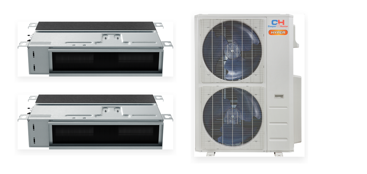 Cooper&Hunter Hyper 2-Zone Ducted Mini Split AC & Heat Pump 55000 BTU (24K+24K), Slim Duct Units, 230V - R410A