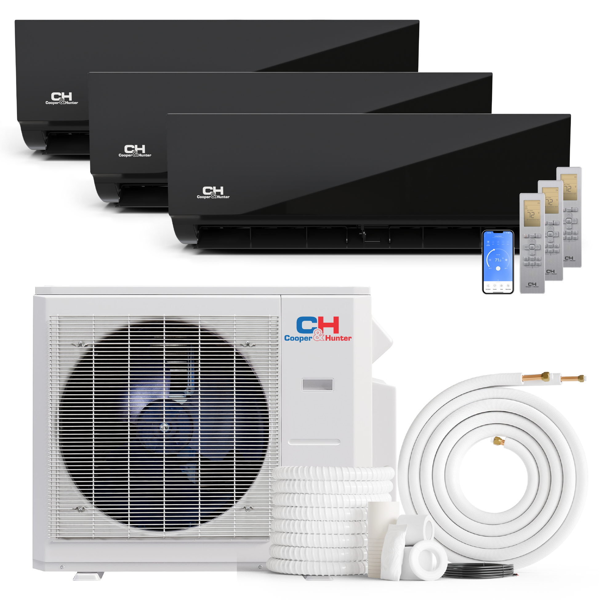 Cooper&Hunter Olivia Midnight 3-Zone Ductless Mini Split AC & Heat Pump 28000 BTU (9K+12K+12K), Wall Mount Units, 230V