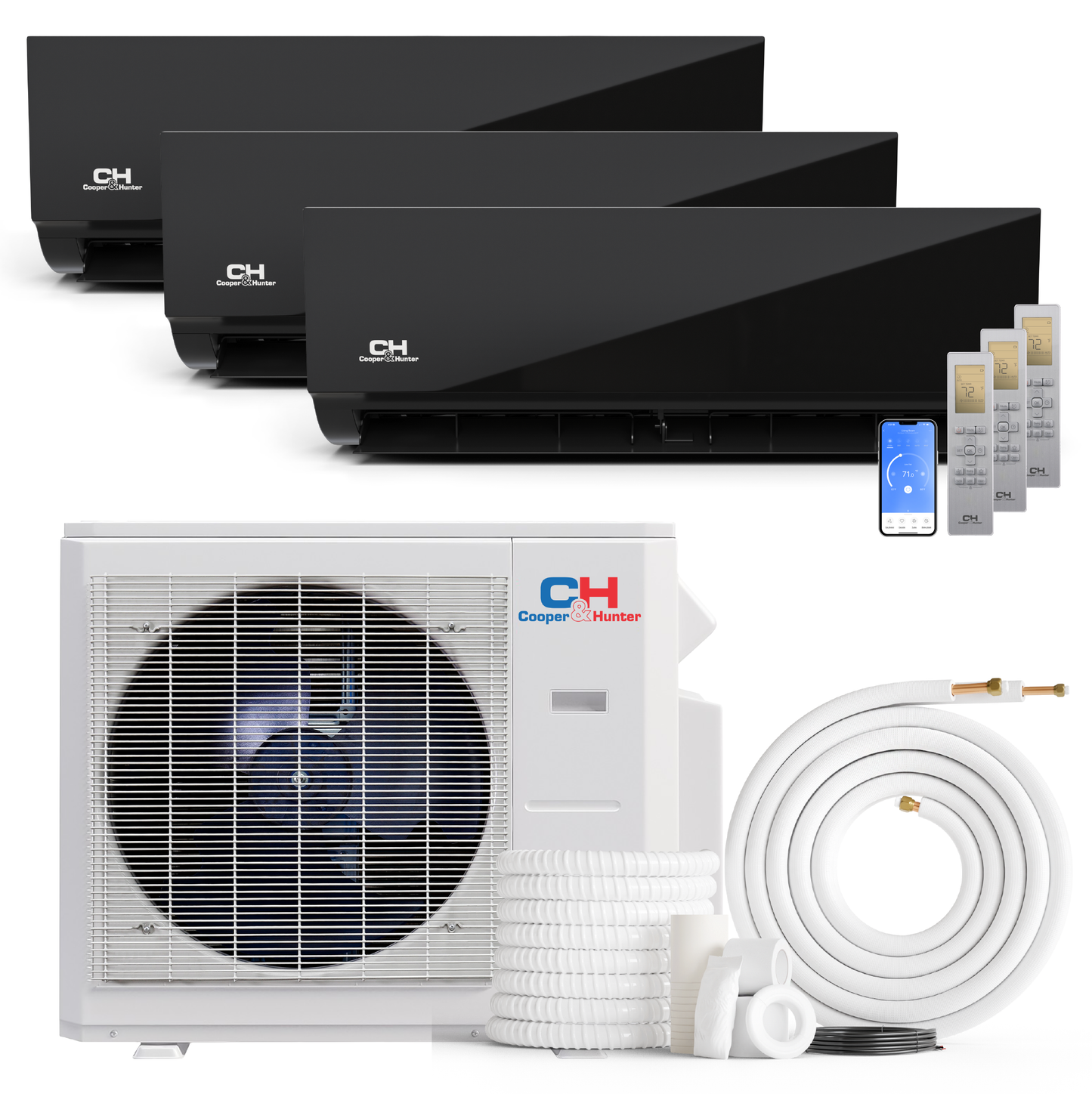 Cooper&Hunter Olivia Midnight 3-Zone Ductless Mini Split AC & Heat Pump 36000 BTU (9K+9K+18K), Wall Mount Units, 230V