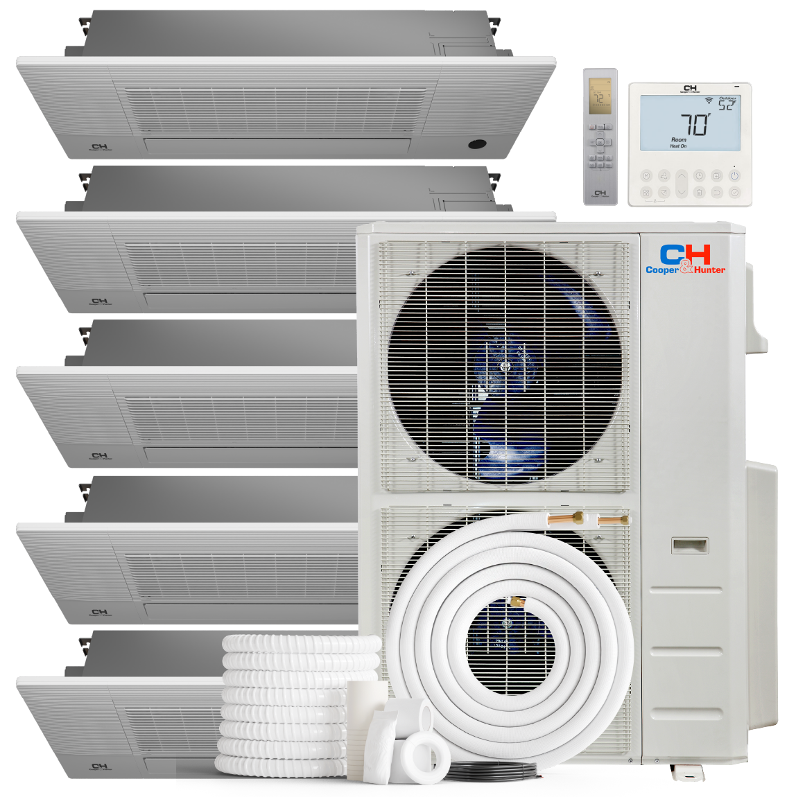 Cooper&Hunter 5-Zone Ductless Mini Split AC & Heat Pump 55000 BTU (6K+6K+6K+6K+18K), One-Way Cassette Units, 230V - R410A