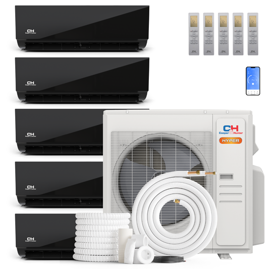 Cooper&Hunter Hyper Olivia Midnight 5-Zone Ductless Mini Split AC & Heat Pump 36000 BTU (9K+9K+9K+9K+9K), Wall Mount Units, 230V