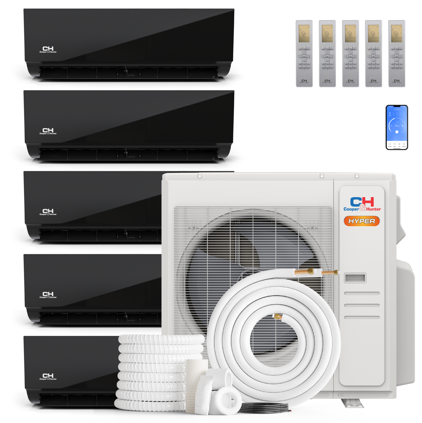 Cooper&Hunter Hyper Olivia Midnight 5-Zone Ductless Mini Split AC & Heat Pump 36000 BTU (9K+9K+9K+9K+12K), Wall Mount Units, 230V