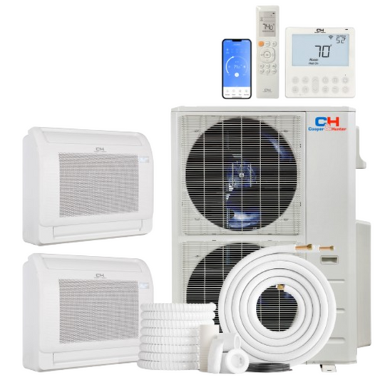 Cooper&Hunter 2-Zone Ductless Mini Split AC & Heat Pump 48000 BTU (9K+18K), Floor Console Units, 230V