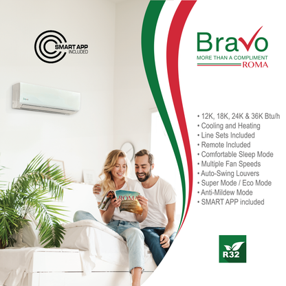 Bravo Roma Single Zone Wall Mount, 36,000 BTU (3 Ton) Mini Split AC and Heat Pump R32