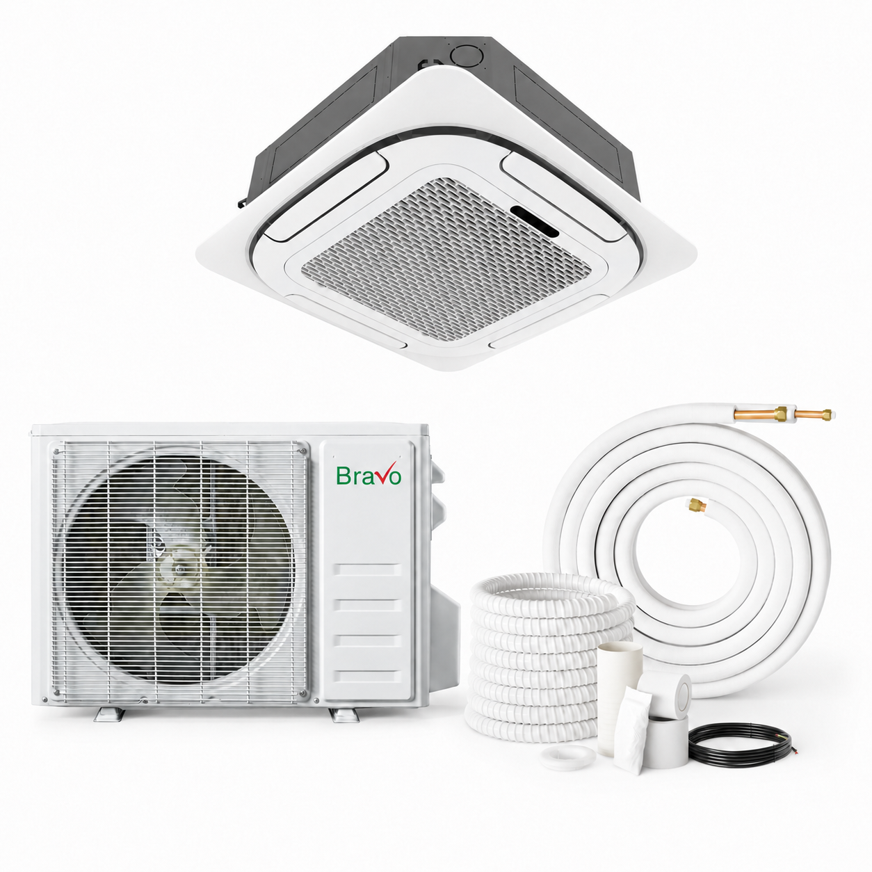 Bravo | Bravo 12,000 BTU Pisa Series Up to 22.0 SEER2 Single Zone Ceiling Cassette Mini Split Heat Pump System w/ 16ft Installation Kit - R32 | 230V | 
  :root {
    --hvx-golden: #FAA819;
    --hvx-slate: #262626;
    --hvx-ivory: #F4F1E6;
    --hvx-