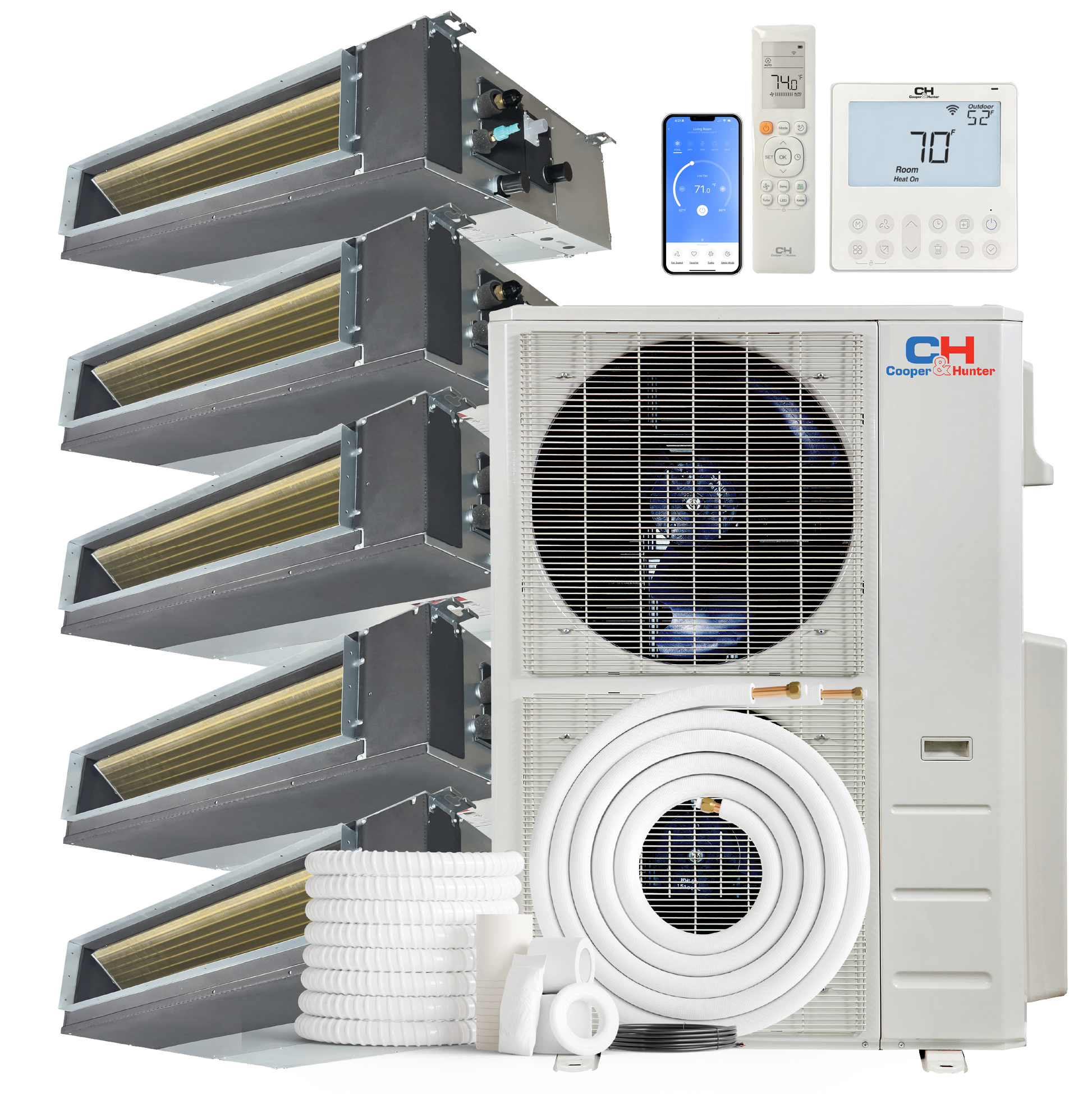Cooper&Hunter 5-Zone Ducted Mini Split AC & Heat Pump 48000 BTU (9K+9K+9K+18K+18K), Slim Duct Units, 230V