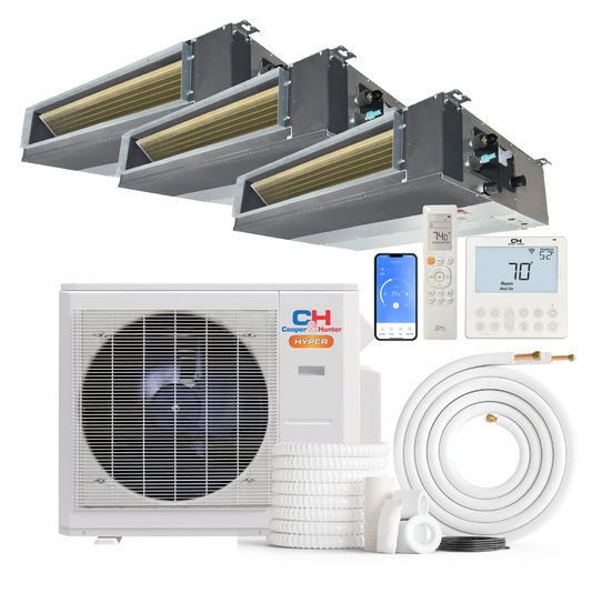 Cooper&Hunter Hyper 3-Zone Ducted Mini Split AC & Heat Pump 28000 BTU (6K+18K+18K), Slim Duct Units, 230V