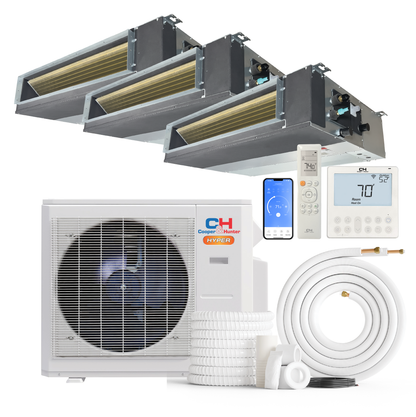 Cooper&Hunter Hyper 3-Zone Ducted Mini Split AC & Heat Pump 28000 BTU (6K+12K+24K), Slim Duct Units, 230V
