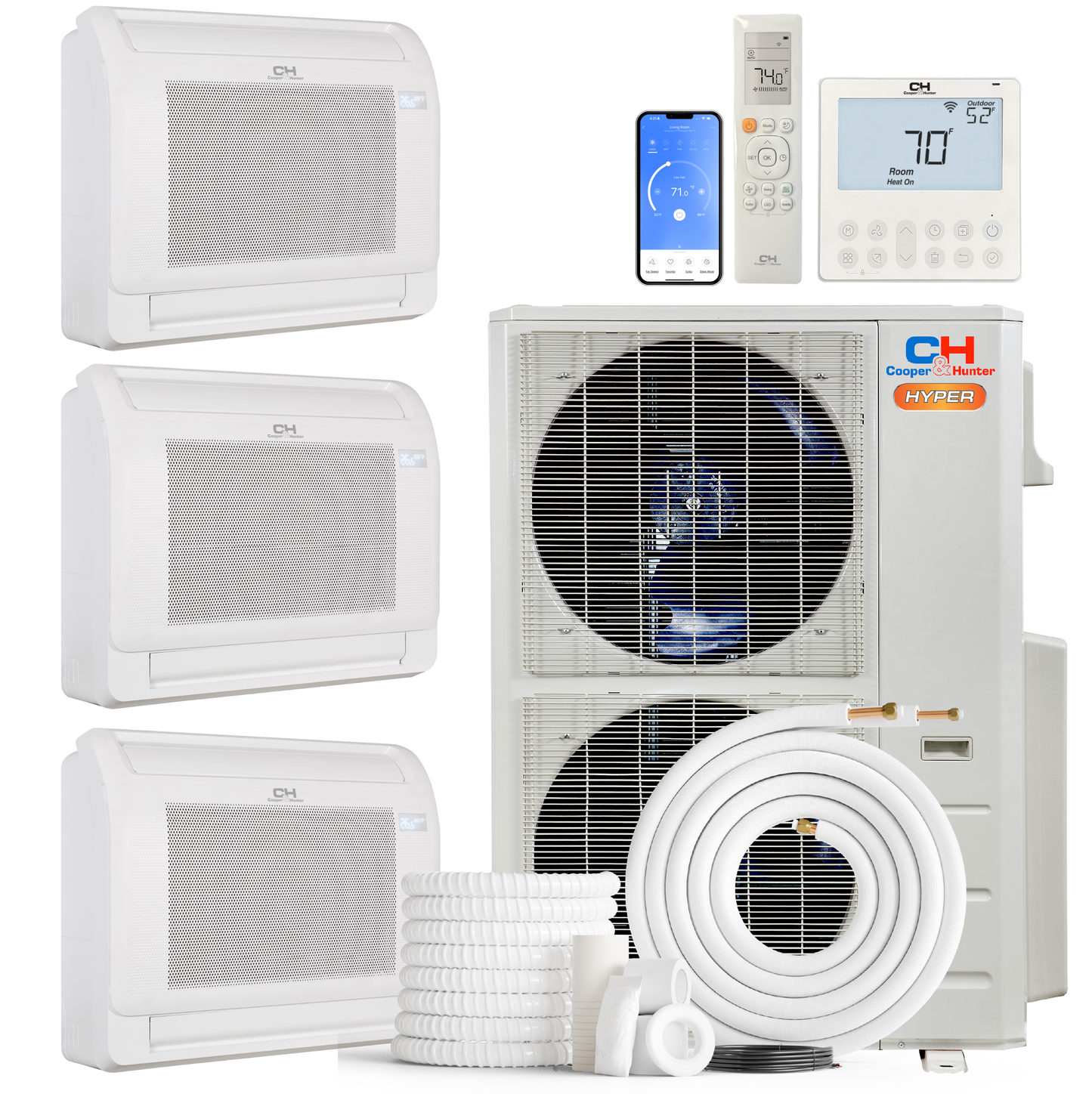 Cooper&Hunter Hyper 3-Zone Ductless Mini Split AC & Heat Pump 48000 BTU (12K+12K+18K), Floor Console Units, 230V