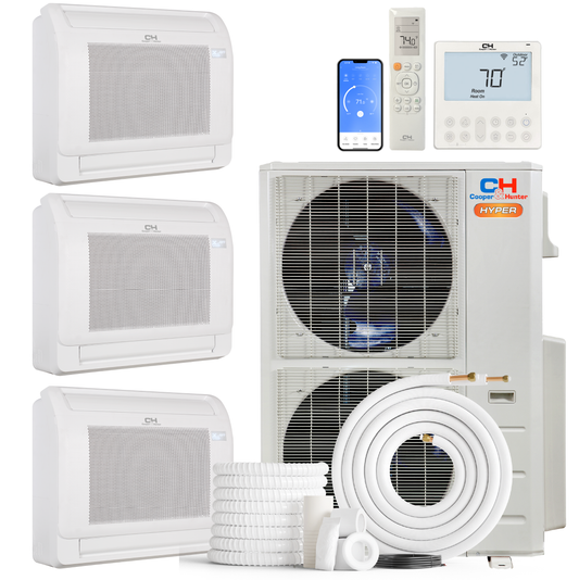 Cooper&Hunter Hyper 3-Zone Ductless Mini Split AC & Heat Pump 55000 BTU (9K+9K+9K), Floor Console Units, 230V