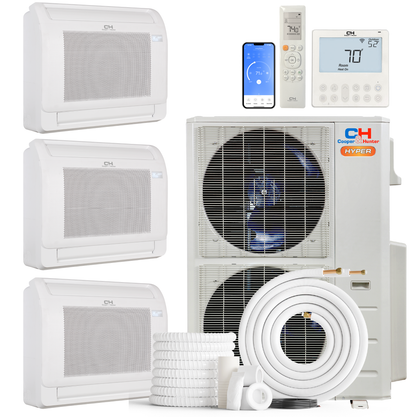 Cooper&Hunter 3-Zone Hyper Ductless Mini Split AC & Heat Pump 55000 BTU (18K+18K+18K), Floor Console Units, 230V - R410A