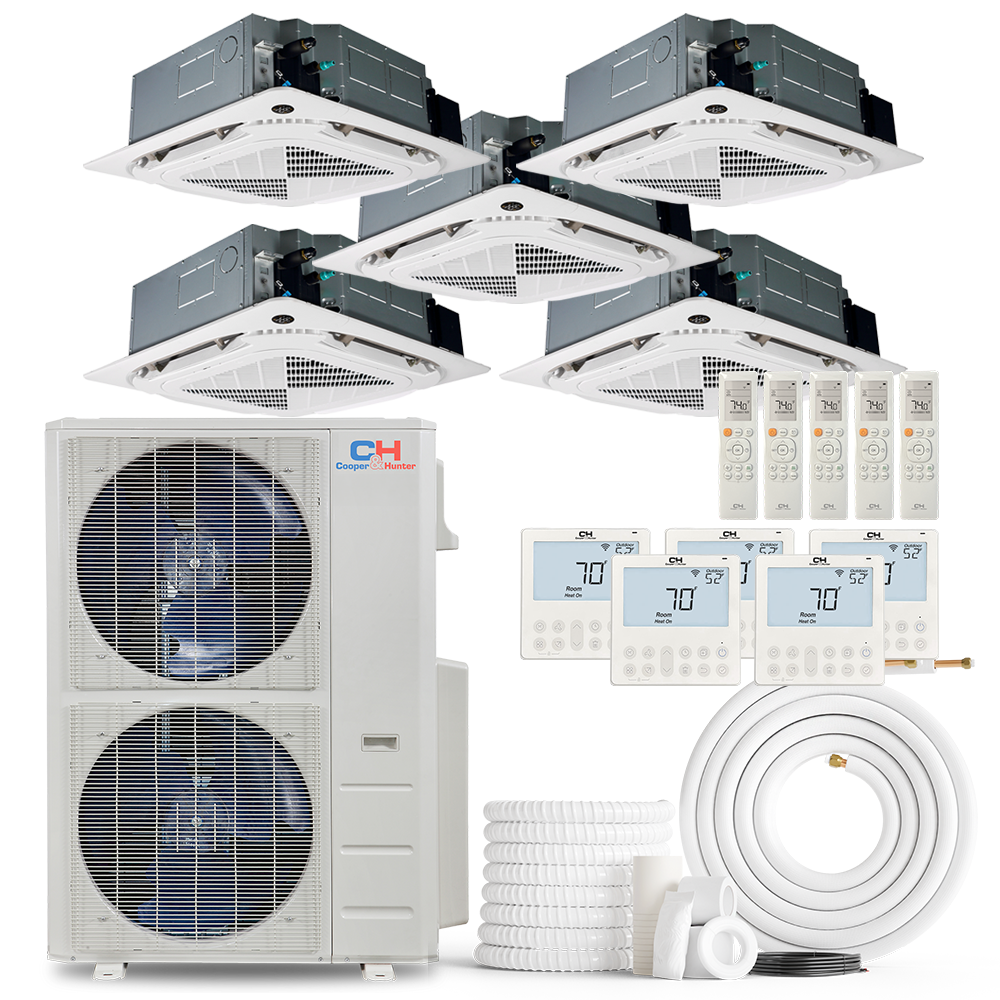 Cooper&Hunter 5-Zone Ductless Mini Split AC & Heat Pump 48000 BTU (9K+9K+12K+12K+18K), Ceiling Cassettes Units, 230V