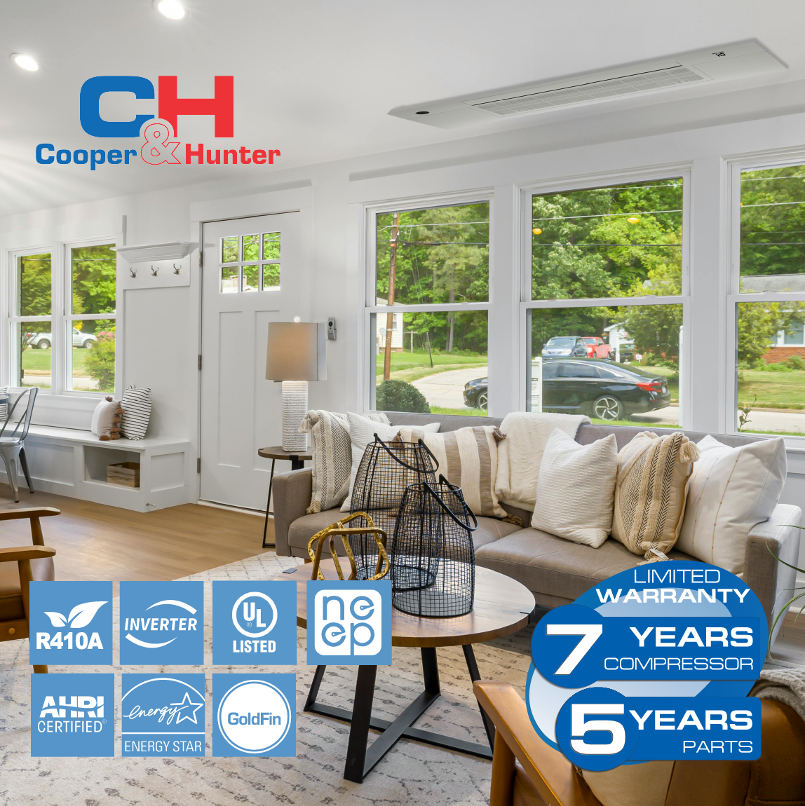 Cooper&Hunter 3-Zone Ductless Mini Split AC & Heat Pump 28000 BTU (6K+6K+18K), One-Way Cassette Units, 230V - R410A
