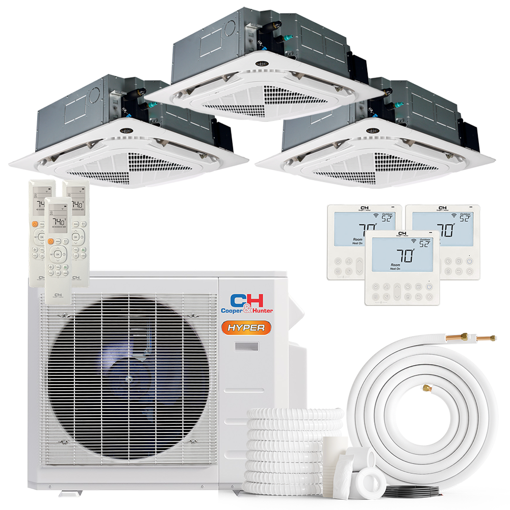 Cooper&Hunter Hyper 3-Zone Ductless Mini Split AC & Heat Pump 19000 BTU (9K+9K+18K), Ceiling Cassettes Units, 230V