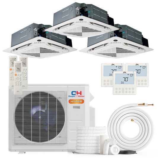 Cooper&Hunter Hyper 3-Zone Ductless Mini Split AC & Heat Pump 28000 BTU (9K+9K+12K), Ceiling Cassettes Units, 230V