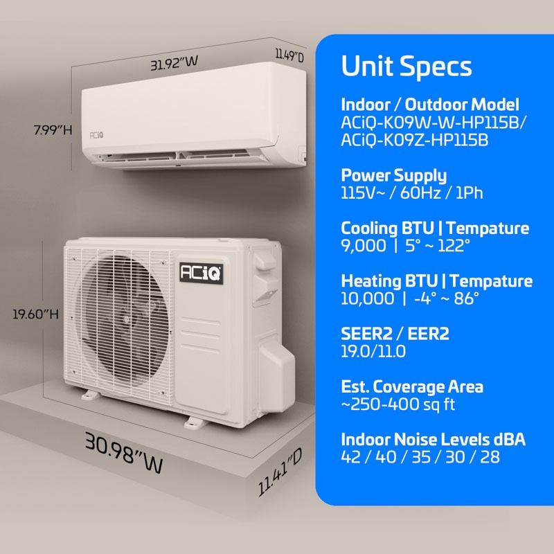 ACIQ 9,000 BTU ACIQ Essentials 19 SEER2 Single Zone Wall Mount Mini Split Heat Pump System - R454B | 115V