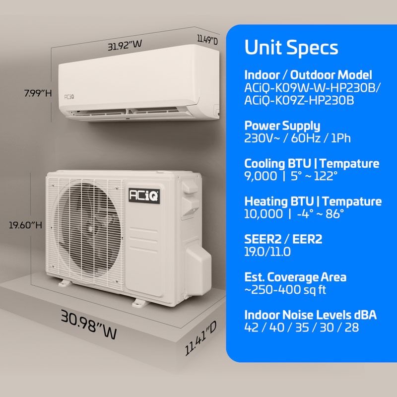 ACIQ 9,000 BTU ACIQ Essentials 20 SEER2 Single Zone Wall Mount Mini Split Heat Pump System - R454B | 230V